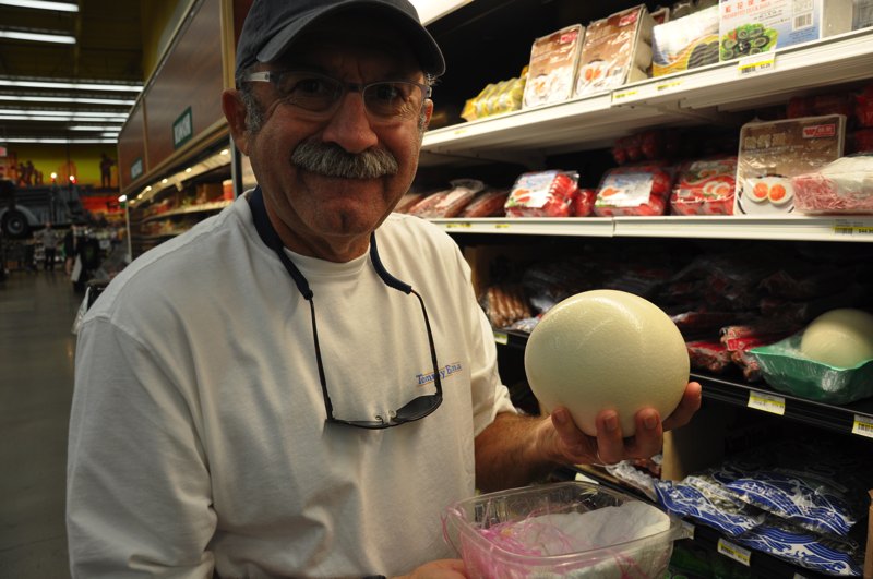 Bob holds an ostrich egg…who sells ostrich eggs? Jungle Jims!