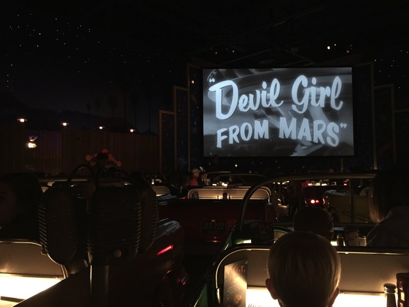 We lucked out and were able to be seated immediately at the Sci-Fi Dine-In, after Bob had tried unsuccessfully for a couple of days to make a reservation. The diners sit in little convertibles and watch old scary movies on the big drive-in screen, complete with corny commercials.