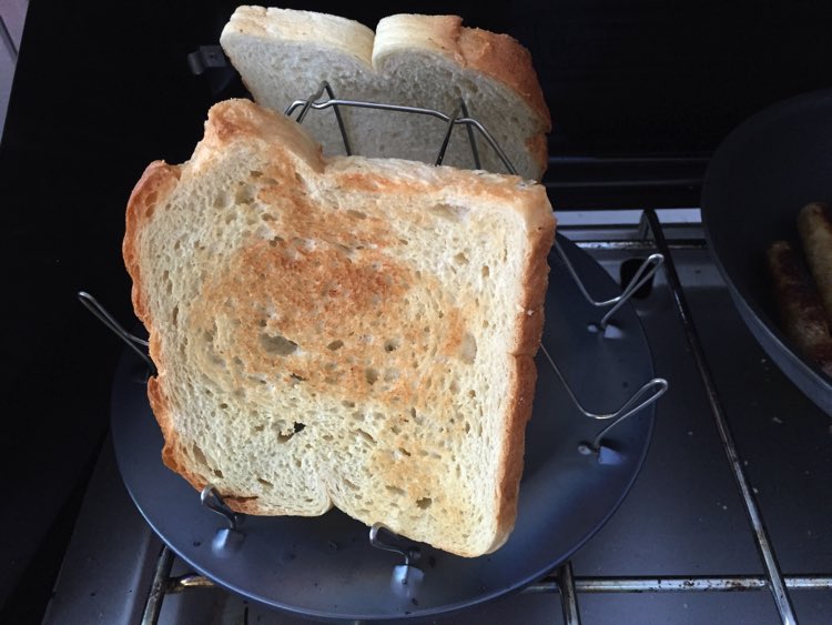 I tried out my little camp stove toaster, with good success. (The key to brown toast is to keep the heat on high.)