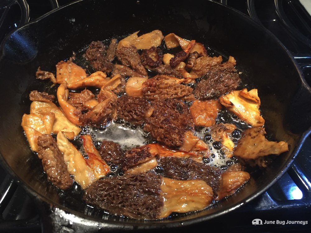 Delicious sautéed morel mushrooms for supper, along with a couple of steaks grilled over a campfire